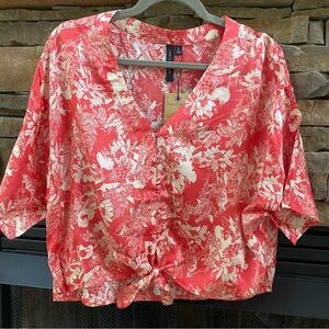 Revolve Knot Sisters Red Tan Floral Viscose satin button front top tie Graylee